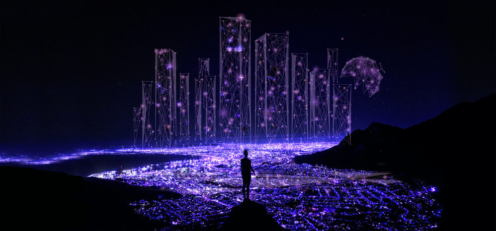 Glowing lights surrounded by darkness with person standing in the middle